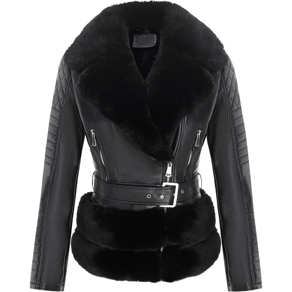 Women Faux Leather Jacket Moto Biker Coat with Removable Fur Collar Black Belt - Picture 2 of 6
